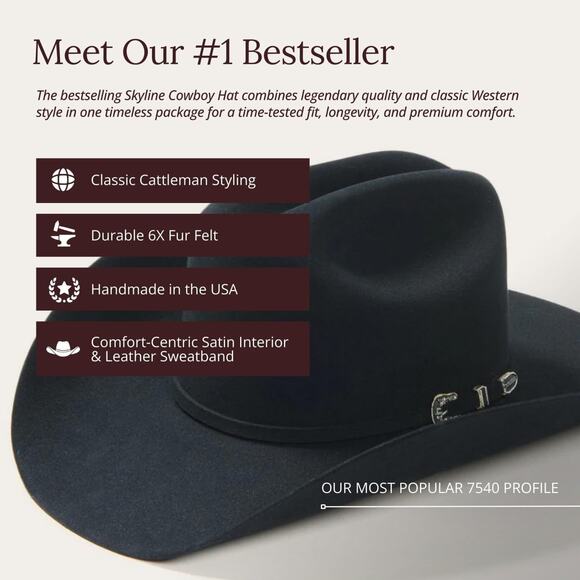 Stetson Skyline 6X Fur Felt Cattleman Western Hat Black Size 7 1/2 Cowboy Hat - Picture 8 of 8